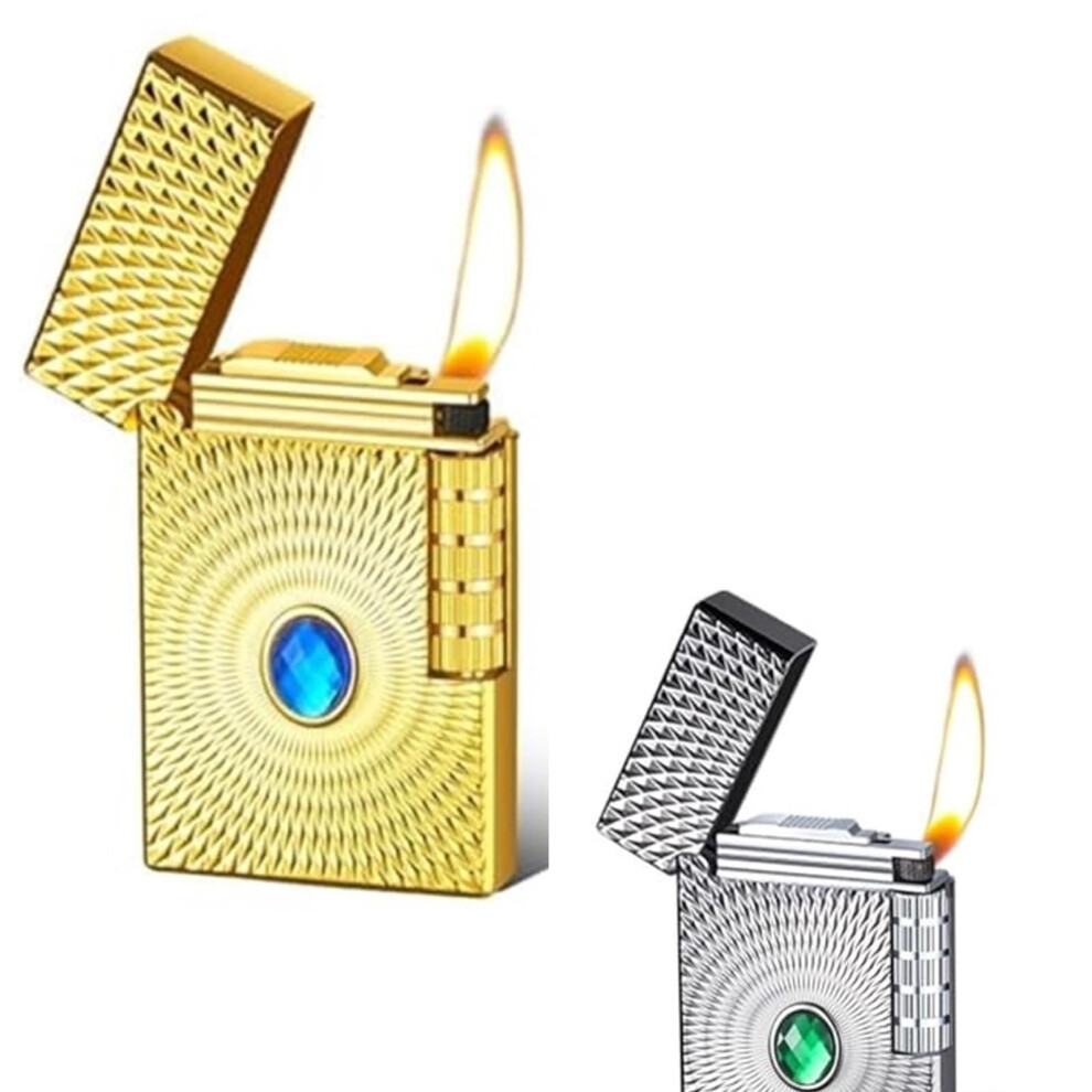 Gold/Blue Vintage Butane Lighter Refillable Metal Flip With Adjustable Soft Flame And Side Pulley Ignition