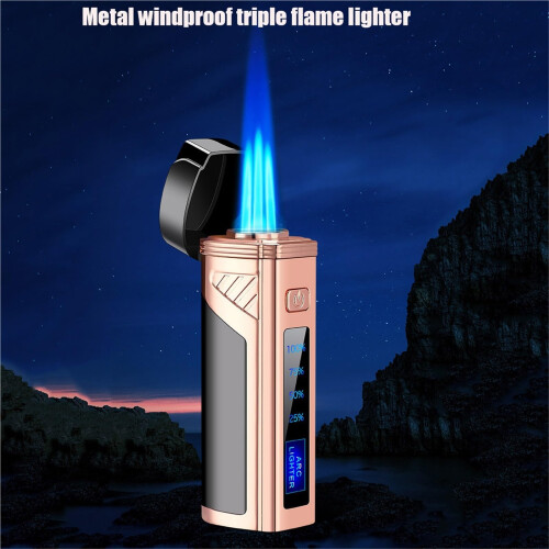 Triple Jet Flame Windproof Butane Lighter with LED Display, Refillable Adjustable Torch for BBQ and Camping 1