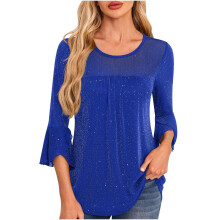 Glitzernde Damenbluse, Dreiviertelärmel-Rundhalsbluse,-Blau M