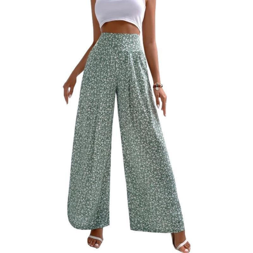 Womens Floral Print Pants Trousers Wide Leg Long Pant-Green XXL