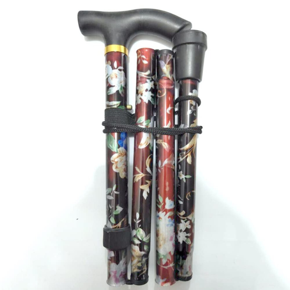 Black Folding Walking Cane For Seniors, Adjustable Height Stick With Ergonomic Thandle And Floral Design