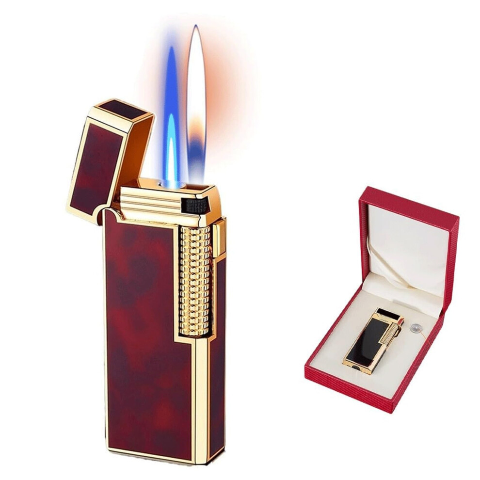 Blue Vintage Dual Flame Butane Lighter, Windproof Flame Refillable Metal Flip Cigarette Lighter Red1