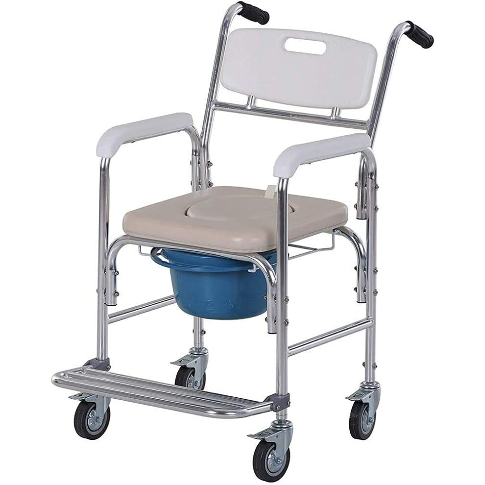 Bedside Commode Chair for Elderly, Adjustable Wheelchair with Bedpan, Cushioned Seat, Lockable Casters