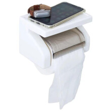 Wall Mounted Toilet Paper Holder with BuiltIn Storage Shelf, White Plastic Bathroom Roll Holder