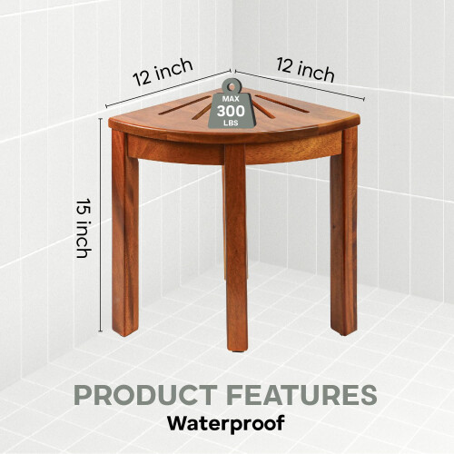 Teak Shower Bench Solid Wood Corner Stool with Storage Shelf for Small Bathroom Spaces, Light Brown 1