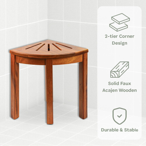 Teak Shower Bench Solid Wood Corner Stool with Storage Shelf for Small Bathroom Spaces, Light Brown 2