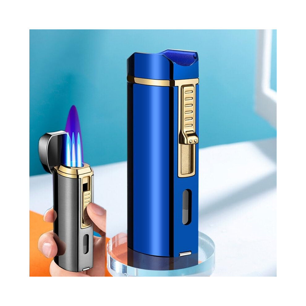 Blue Triple Jet Flame Torch Lighter Windproof Refillable Butane Cigar Lighter With Visible Fuel Tank