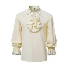 (Khaki, L) Mens Pirate Shirt Vampire Renaissance Victorian Gothic Ruffled Medieval Halloween Costume Clothing Tops
