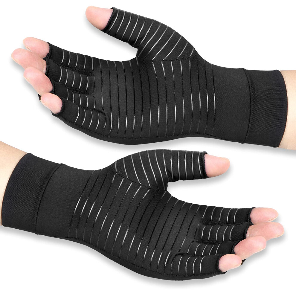 Black Copper Compression Gloves For Hand Pain Relief, Arthritis Support, Fingerless Copper Infused, Large