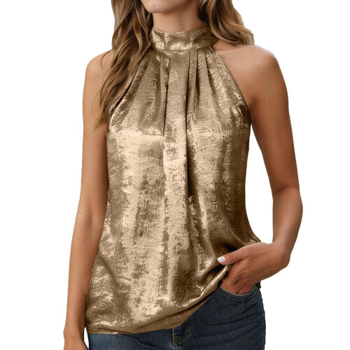 Women's Metallic Sleeveless Pleated Elegant Top-Earthy yellow S