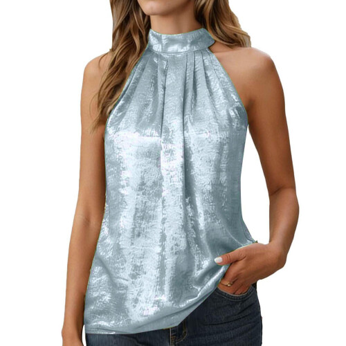 Women's Metallic Sleeveless Pleated Elegant Top-Light  Blue S
