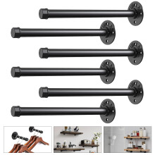 8 Inch Industrial Pipe Shelf Brackets Heavy Duty Black Metal Floating Wall Shelves Set of 6
