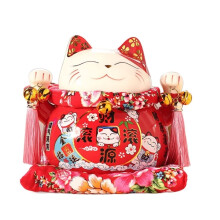 Lucky Cat Money Bank Ceramic Piggy Bank, Red Feng Shui Charm Coin Bank for Adults 18x17cm