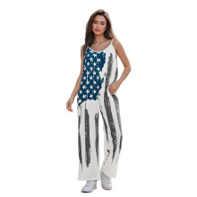 (S, Gray) Women's Spaghetti Strap Jumpsuit 4th Of July American Flag Print Sleeveless Loose Fit Rompers Overalls