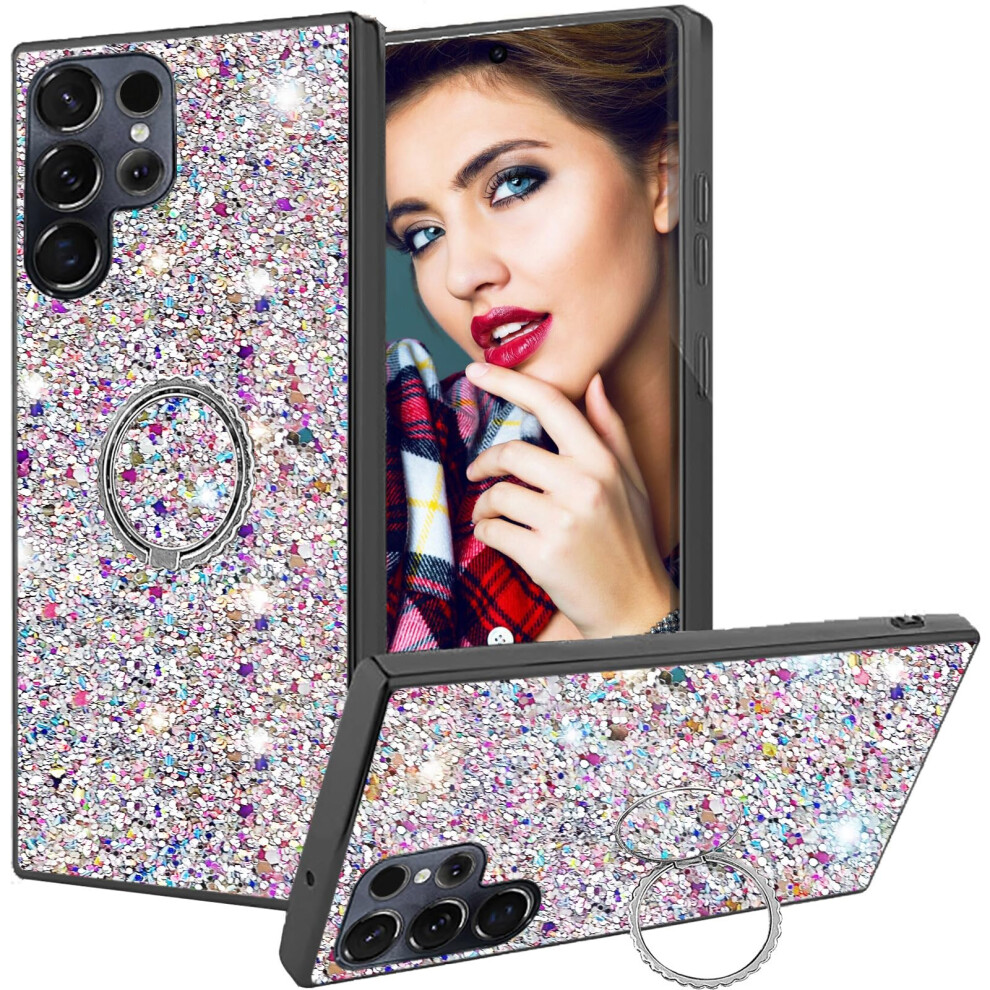 Glitter Sparkle Shockproof Cover With 360 Ring Stand And Kickstand For Samsung Galaxy S25 Ultra Silver 9330225306061