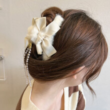Hair Claw Clip for Women with Faux Fur and Pearls, Elegant Bow Tassel Design, Secure Long Hair Grip