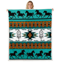 Boho Fleece Throw Blanket Queen Size Sherpa Blanket with Soft Comfort, Teal Aztec Bohemian Style