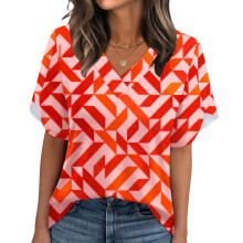 Women's Summer Non-Position Printed Petal Sleeve V-Neck-Red XL
