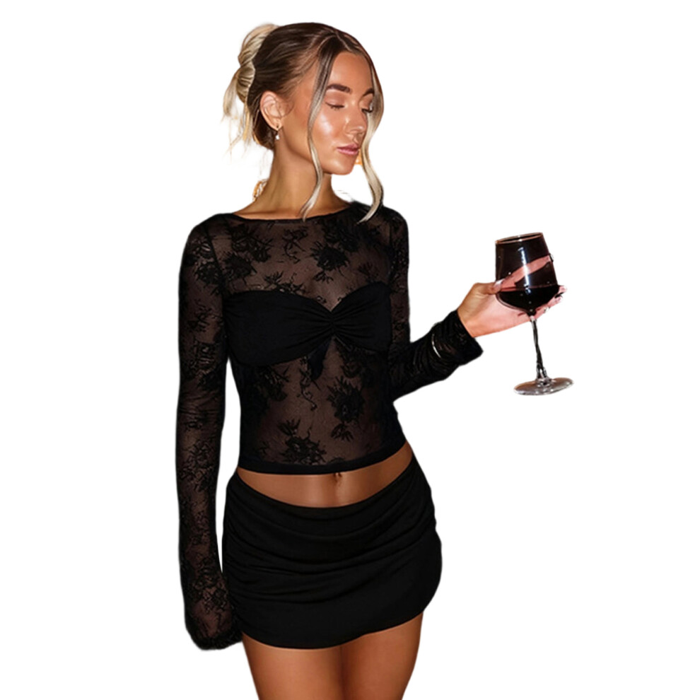 Lace Long Sleeve Tops,Mock Neck Sheer Mesh Top See-Black S