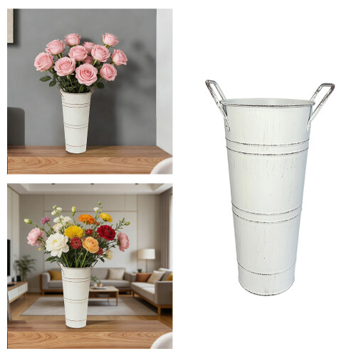 Galvanized Flower Bucket with Handle Farmhouse Decorative-White 2
