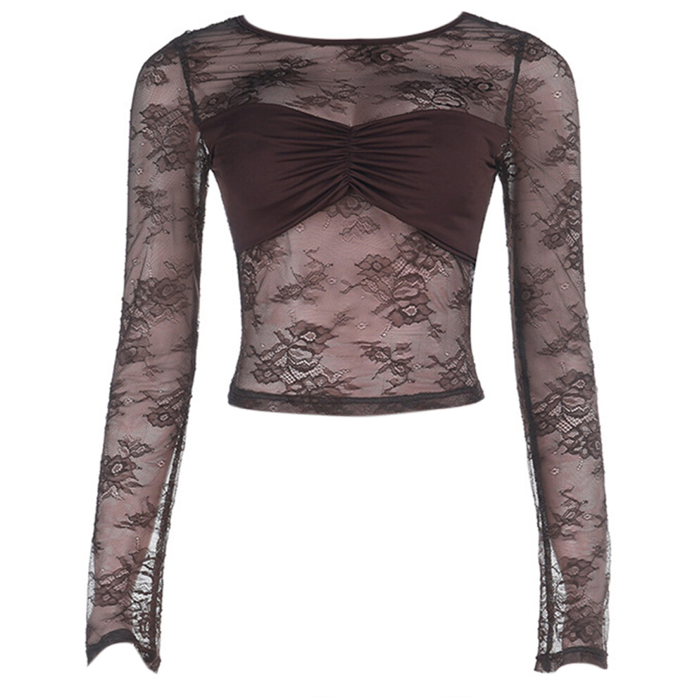 Women's Mesh Lace Long Sleeve Top Mock Neck Sheer-brown L