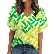 Women's Summer Non-Position Printed Petal Sleeve V-Neck-Green L
