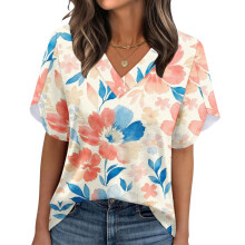 Women's Summer Non-Position Printed Petal Sleeve-White XL