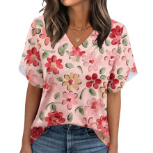 Women's Summer Non-Position Printed Petal Sleeve V-Neck-Pink S