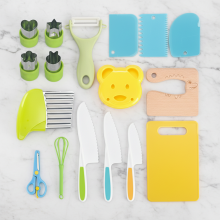 17-Piece Montessori Kitchen Toy Set, Real Cooking Tools for Toddlers with Child-Safe Knives & Crinkle Cutter, Educational Cutting Board