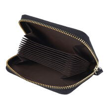 Card Wallet Black Leather 10 Slots Zipper Compact