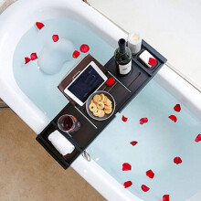 Bamboo Bathtub Caddy Tray with Wine Glass Holder, Extendable Bath Rack with Book and Tablet Stand