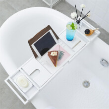 Extendable Wooden Bathtub Caddy Tray with Book Stand Holder, Waterproof Spa Organizer for Home Hotel