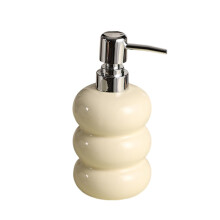 Beige Ceramic Soap Dispenser 6.5 Inch Donut Shaped Refillable Lotion Bottle for Modern Bathroom Countertop