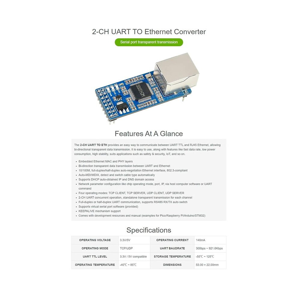 Waveshare Ch9121 Uart To Ethernet Converter With Rj45 Ttl 2-Channel Serial Port Module For Raspberry Pi / For / Stm32 6032925497119