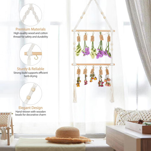 2 Tier Hanging Herb Drying Rack Handwoven Boho Style Dryer with Adjustable Hanging System and Gift Tags 2