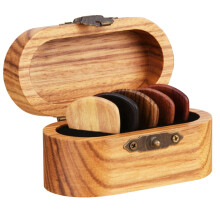 Wooden Guitar Pick Holder Box Guitar Shaped Organizer with Mixed Wood Picks and Secure Lid Closure