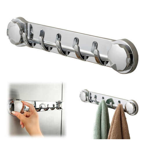 Strong Suction Cup Towel Rack Set, Drill Removable Bathroom Wall Hooks, Polished Silver 3Pcs