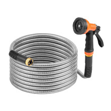 25 ft Metal Garden Hose with 10 Function Nozzle, Rust Proof NoKink Stainless Steel Water Hose for Outdoor Yard