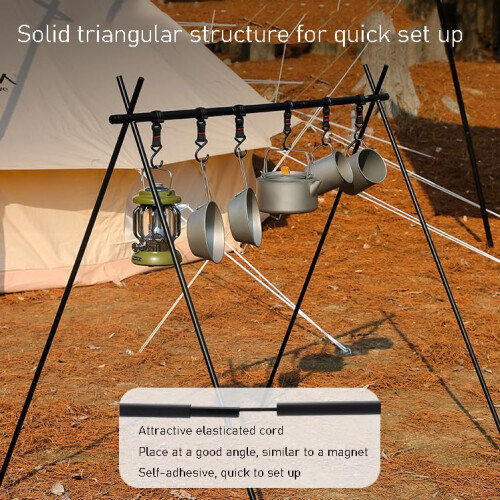 Camping Cookware Hanging Rack with Adjustable Hooks, Foldable Lightweight Aluminum Tripod Cooking Stand 2