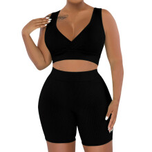 2 Piece Outfits for Women Ribbed Knit Crop and Yoga-Black L