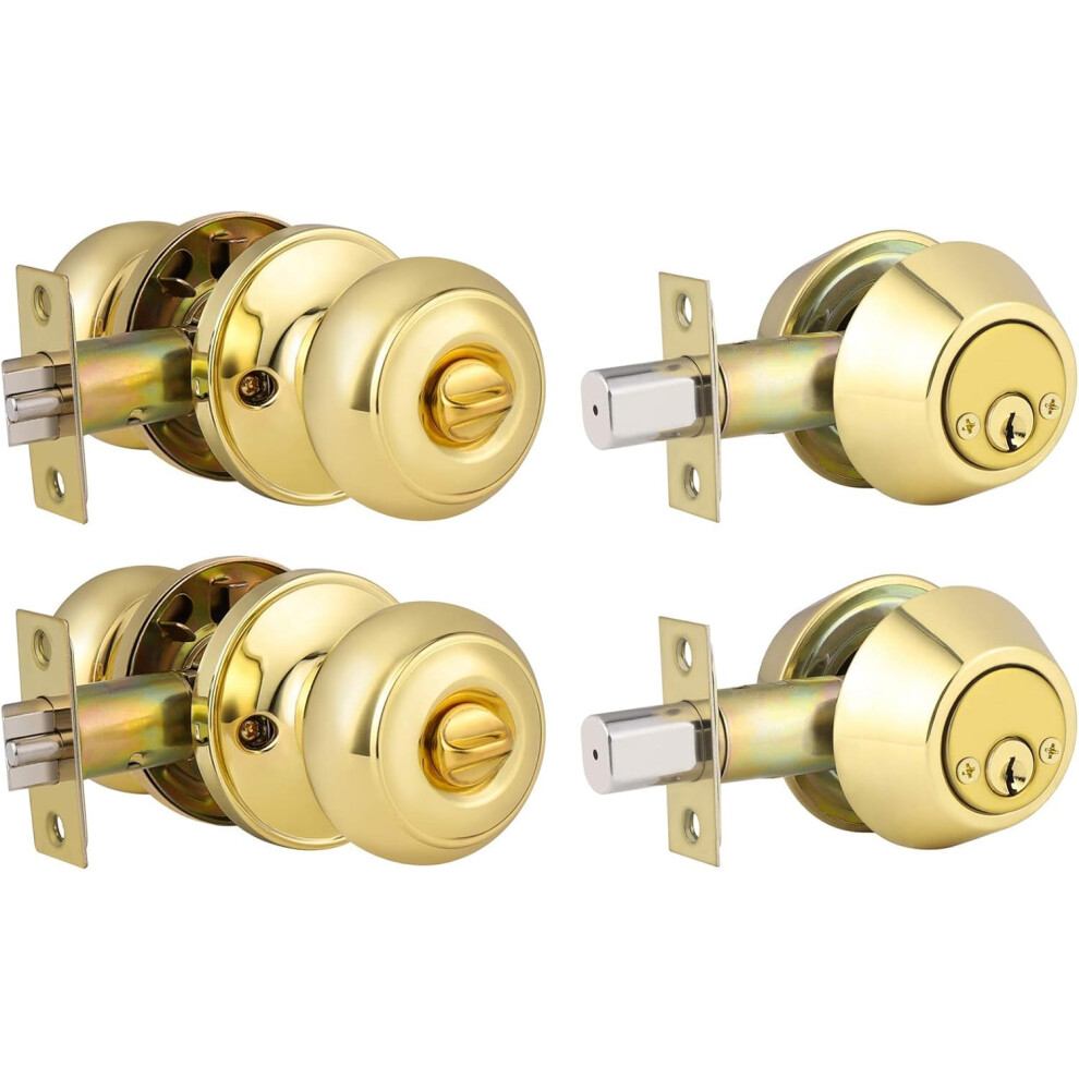 2 Pack Polished Brass Door Knob And Deadbolt Combo Set, Keyed Alike Double Cylinder Entry Lockset 9073542981381