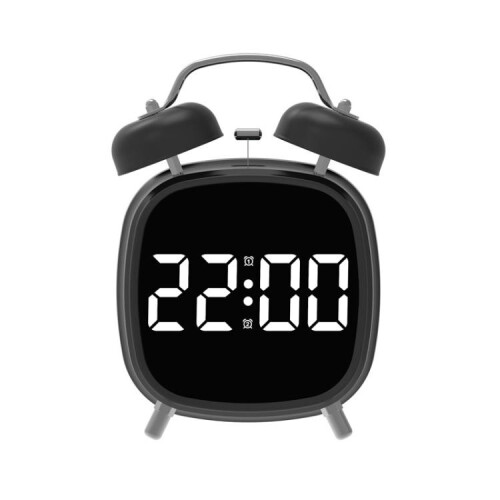 Loud Metal Powerful Ringing Clock LED Multifunction Clock, Color: Black Shell White Light