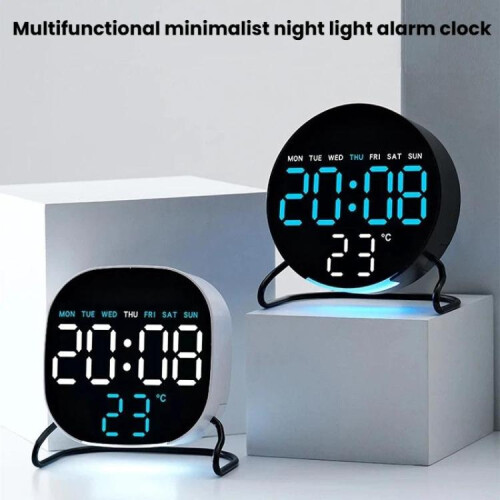 Desktop LED Clock With Alarm Night Light Multifunctional Clock, Color: Round White Shell Blue Light 1