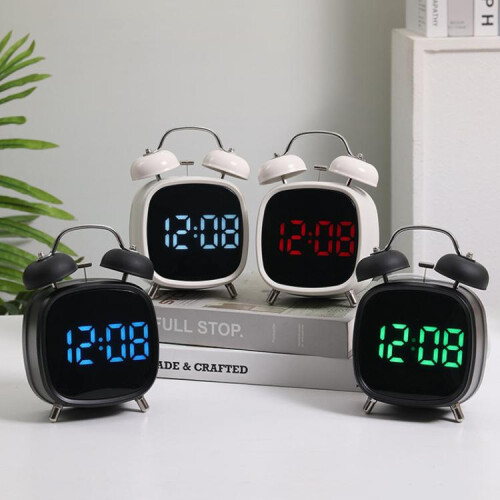 Loud Metal Powerful Ringing Clock LED Multifunction Clock, Color: Black Shell White Light 1