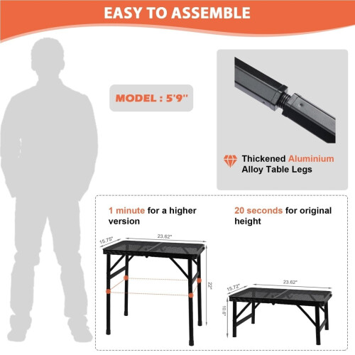Camping Table Adjustable Height Lightweight Aluminum Folding Grill Table with Mesh Surface 23.62in 1