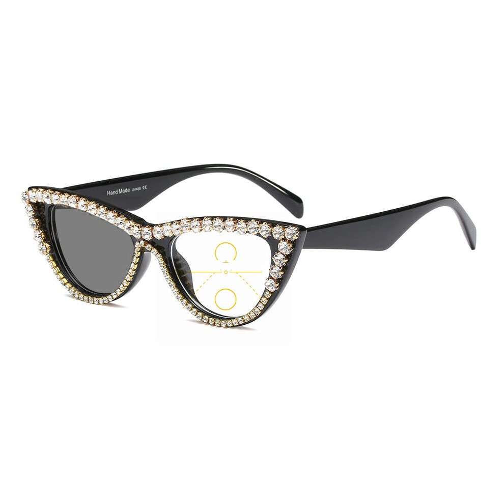 Black Photochromic Cat Eye Progressive Multifocus Reading Glasses For Women 3.0X Rhinestone Finish