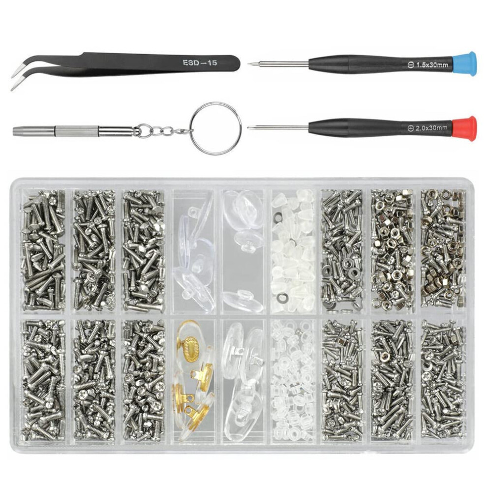 Eyeglass  Kit with Screwdrivers and Tweezers, 1000pcs Glasses Screws and Nose Pads Set