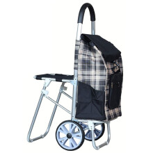 Folding Aluminum Alloy Shopping Cart with Wheels and Builtin Sitting Stool, Large Capacity, Black
