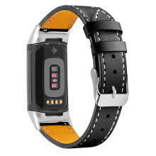 Narrow Elegant Leather Band for Women with HD Screen Protector Black Replacement Strap for Fitbit Charge 5