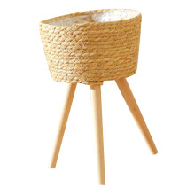 Wood Woven Plant Stand with Modern Woven Design for Indoor Outdoor Use, Medium Natural Style